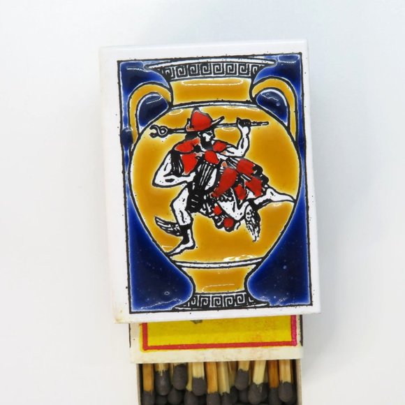 Vintage Wooden Match Box Painted Ceramic Tile Top Metal Box Greece Urn Soldier - Picture 2 of 6